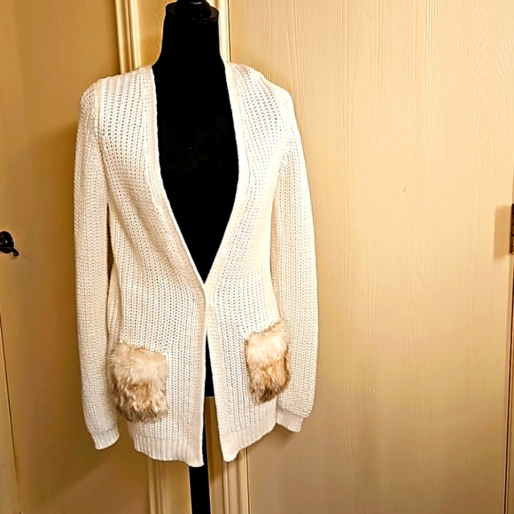 Tahari Cardigan Knit Sweater - Faux fur pockets
